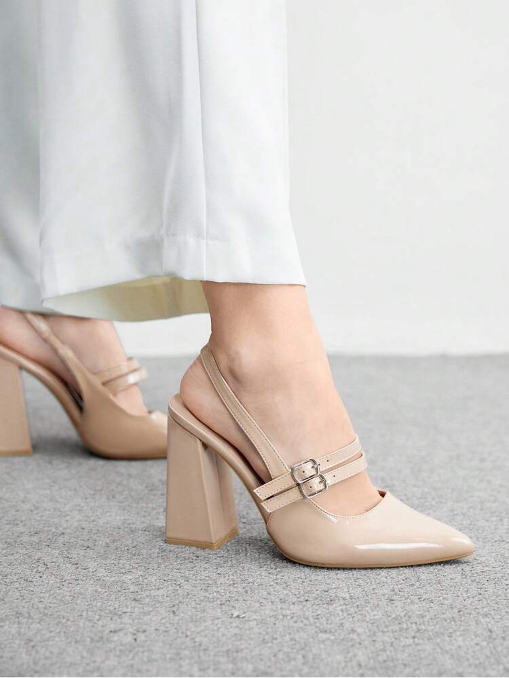 CUCCOO Bizchic Shiny Apricot Pointed Toe Chunky Heel Slingback Heels
